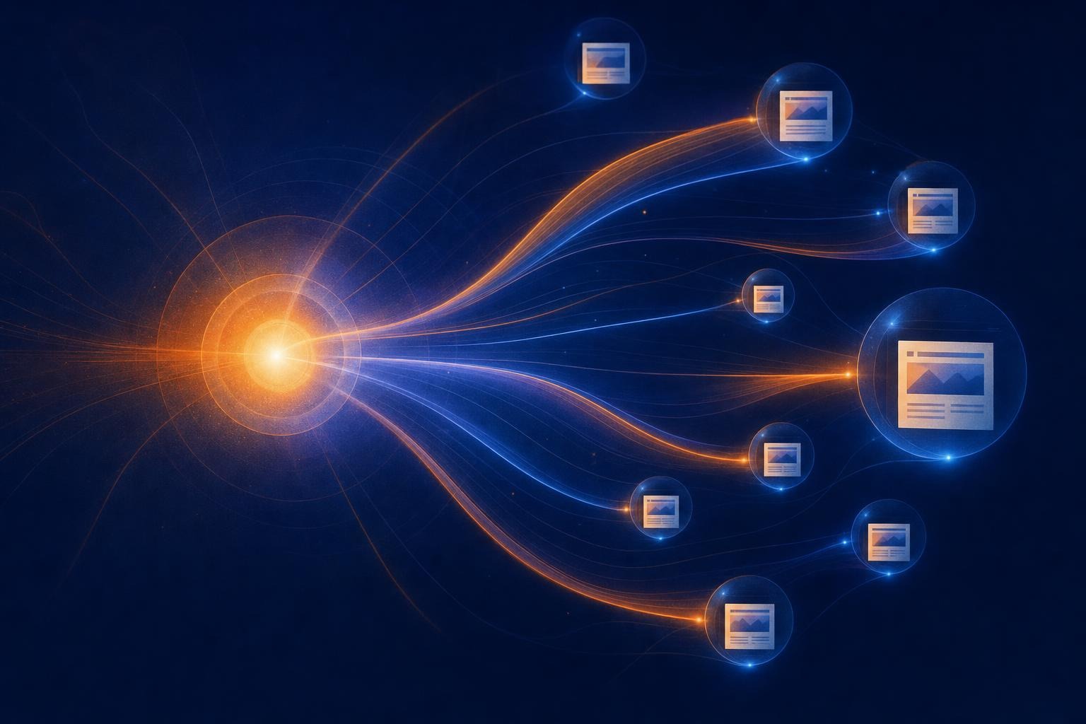 Abstract artwork representing one platform orchestrating SEO across many client websites